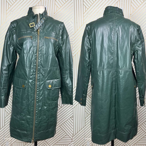 Tory Burch Green Patent Quilted Mid-Length Coat Jacket Size US 12 - Picture 1 of 12